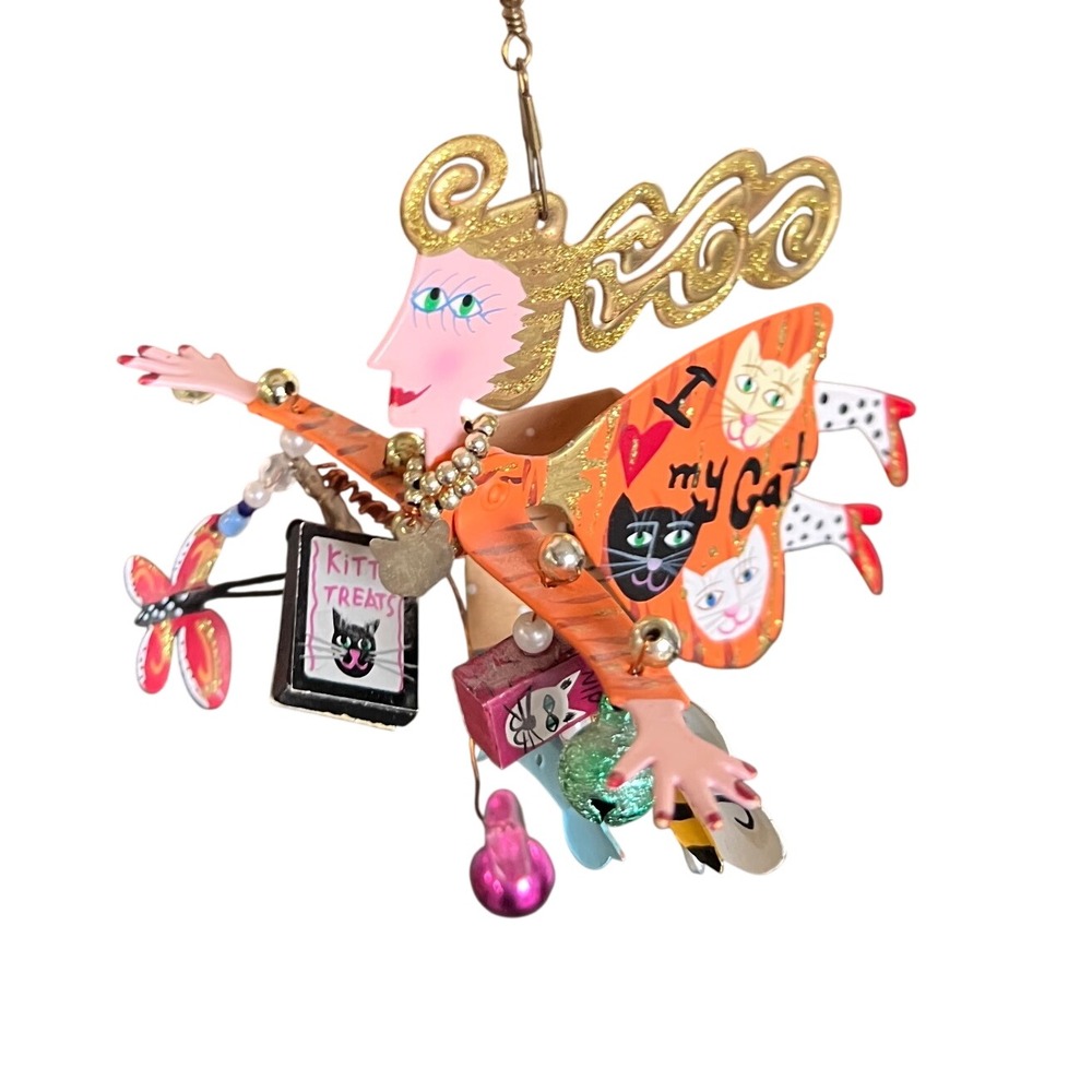 Cat Lover Flying Lady Metal Art Ornament Whimsical Charms Glitter 6 Inch